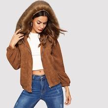 Shein Faux Fur Detail Corduroy Hooded Jacket