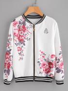 Shein Floral Print Random Stripe Trim Zip Up Jacket