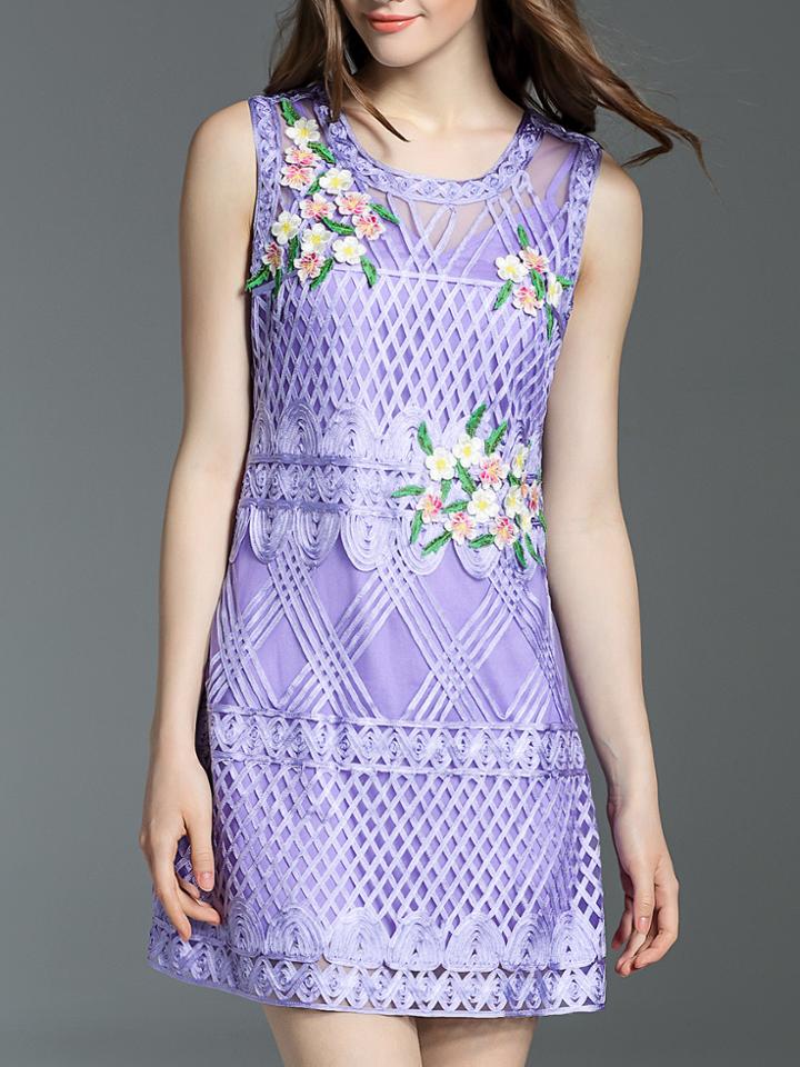 Shein Purple Crochet Hollow Out Applique Pouf Dress