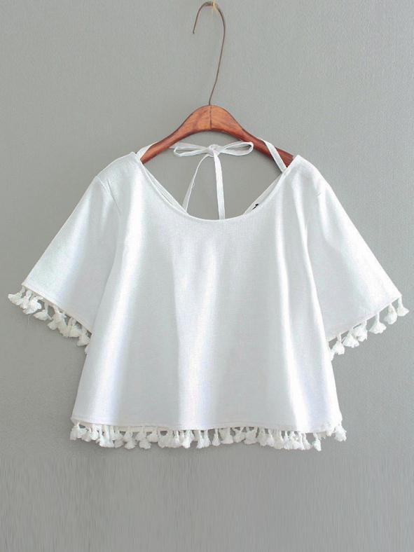 Shein White Tie Neck Tassel Crop Blouse