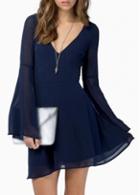 Rosewe Chic Flare Sleeve Cutout Pattern Navy Chiffon Dress