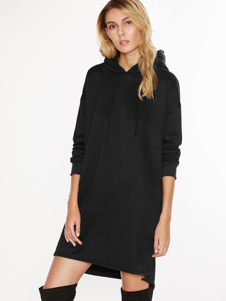 Shein Black Hooded Slit Side Sweatshirt Dress