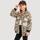 Shein Girls Patched Detail Leopard Teddy Coat