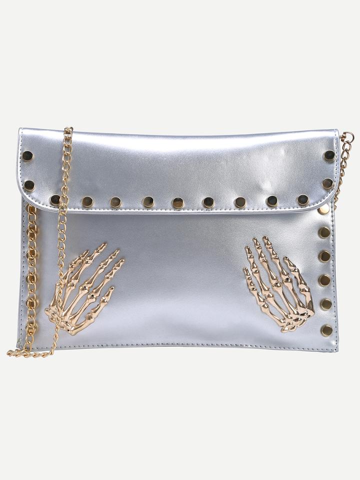 Shein Silver Metal Skeleton Hand Accent Studded Clutch Bag