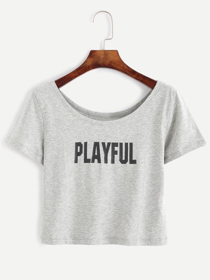 Shein Grey Letters Print Crop T-shirt