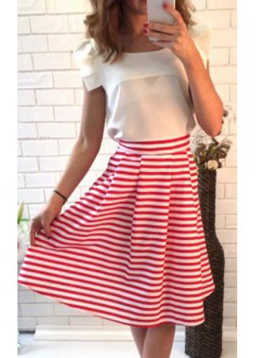 Rosewe Short Sleeve White Top And Striped Skirt Set