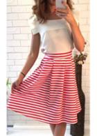 Rosewe Short Sleeve White Top And Striped Skirt Set