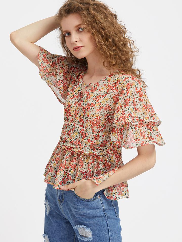 Shein V-cut Layered Sleeve Criss Cross Front Top