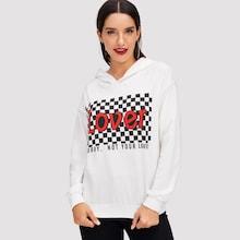 Shein Drop Shoulder Letter & Plaid Pattern Hoodie