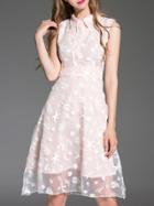 Shein Pink Lapel Gauze Embroidered A-line Dress