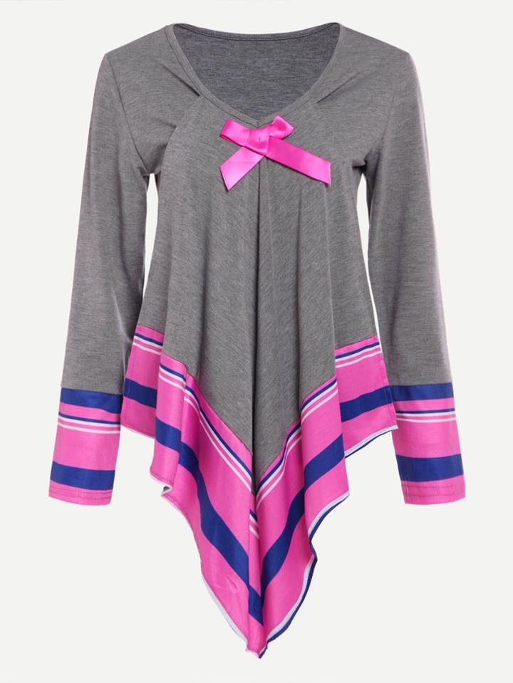 Shein Contrast Stripe Panel Pointed Hem Marled Tee