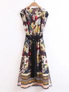 Shein Flower Print Eyelet Tie Waist Split Side Dress