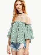 Shein Green Vertical Striped Ruffle Off The Shoulder Top