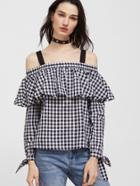 Shein Black And White Gingham Cold Shoulder Tie Sleeve Ruffle Top
