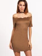 Shein Brown Faux Suede Scallop Trim Off The Shoulder Bodycon Dress
