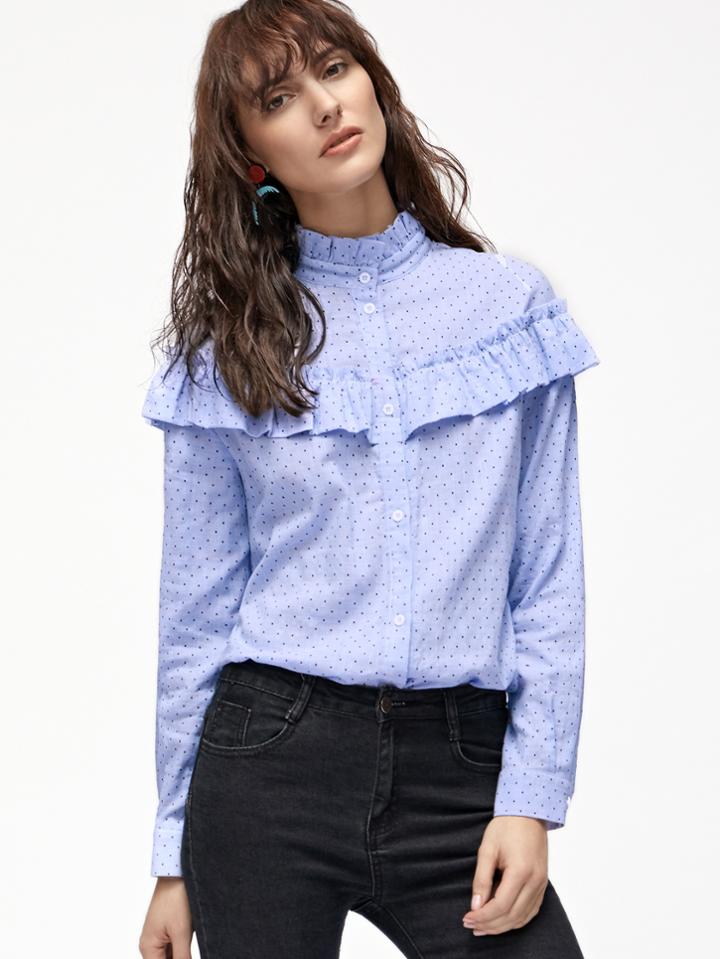 Shein Blue Polka Dot Print Ruffle Blouse