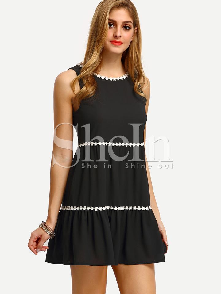 Shein Black Sleeveless Patchwork White Ruffle Dress