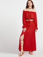 Shein Red Tassel Tie Ruffle Crop Top With Skirt