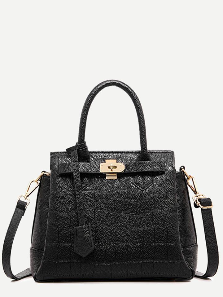Shein Black Crocodile Embossed Tote Bag With Strap