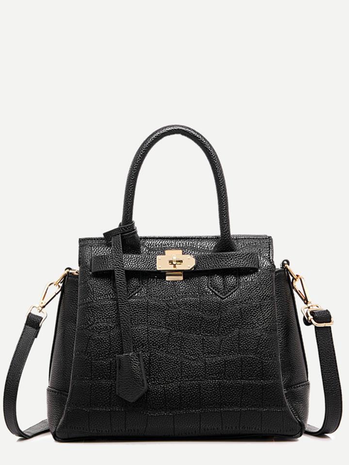 Shein Black Crocodile Embossed Tote Bag With Strap