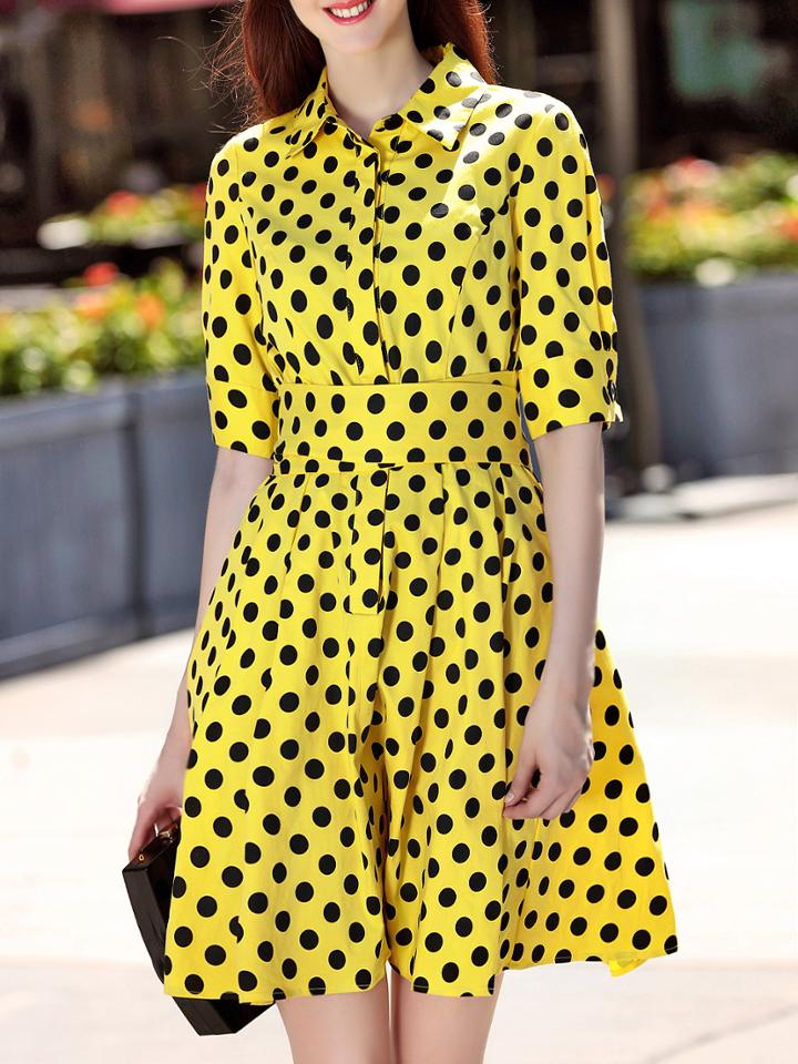 Shein Yellow Lapel Pockets Polka Dot Dress