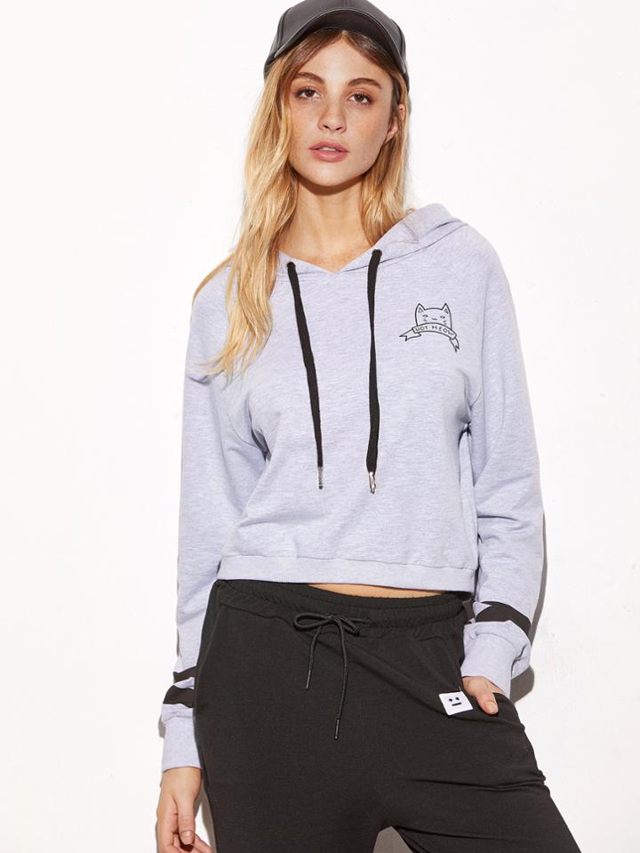 Shein Cat Print Striped Raglan Sleeve Hoodie