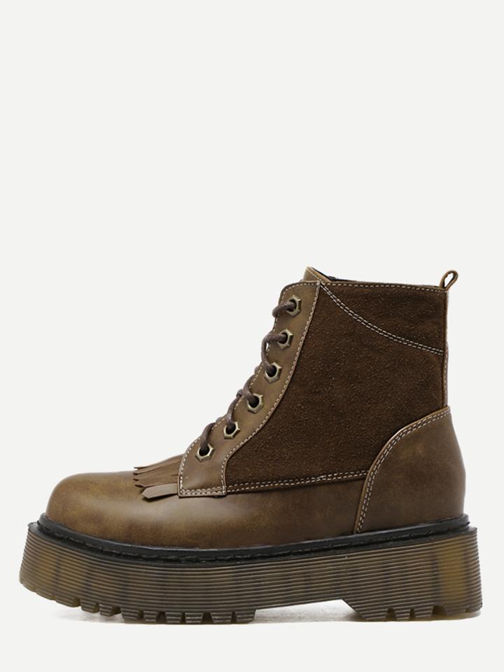 Shein Coffee Faux Leather Round Toe Lace Up Flatform Short Boots