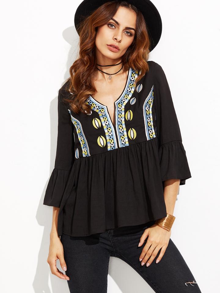 Shein Black Ruffle Sleeve Embroidered Babydoll Top