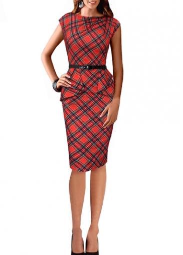 Rosewe Plaid Print Cap Sleeve Pencil Dress