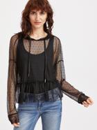 Shein Black Ruffle Hem Dotted Mesh Hoodie With Tank Top