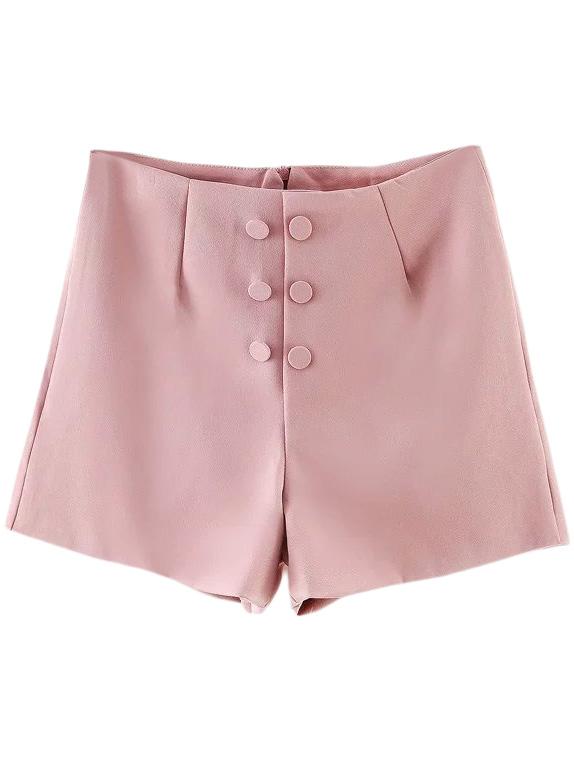 Shein Pink Pockets Zipper Back Double Breasted Shorts