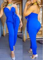 Rosewe Strapless Bowknot Decorated Blue Ankle Length Jumpsuit