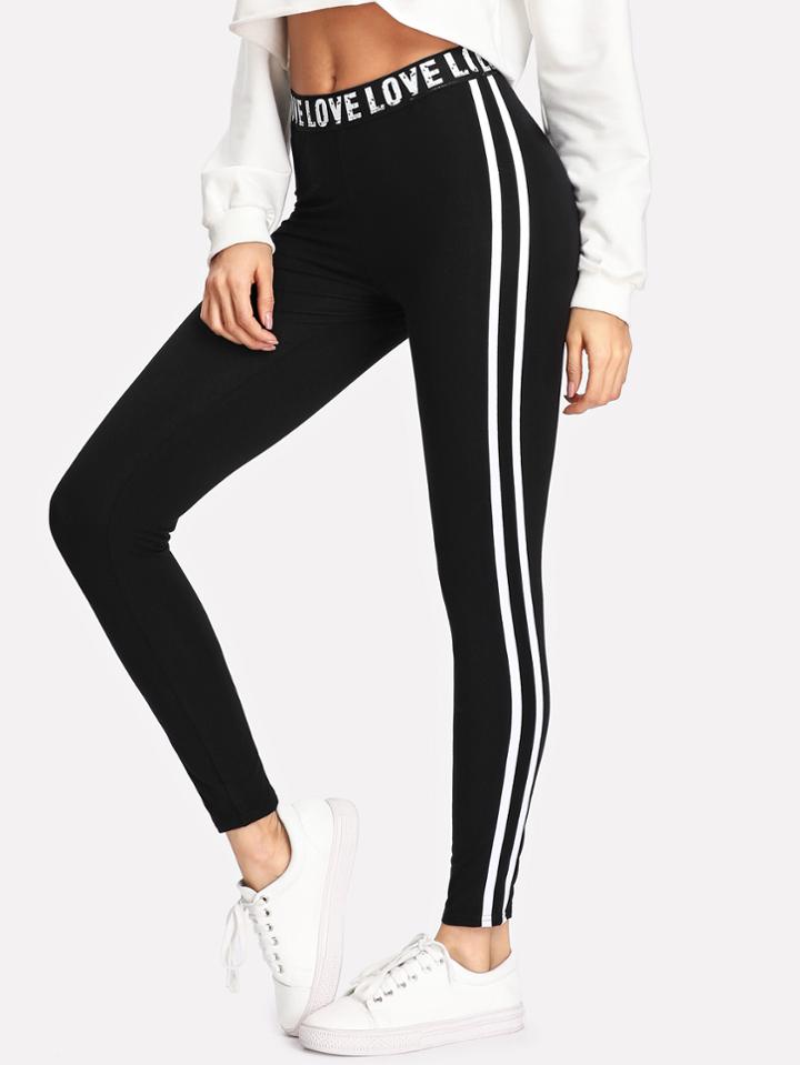 Shein Letter Print Waist Striped Side Leggings