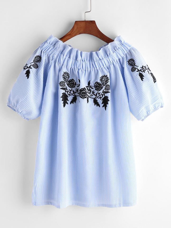 Shein Embroidered Pinstripe Boat Neckline Top