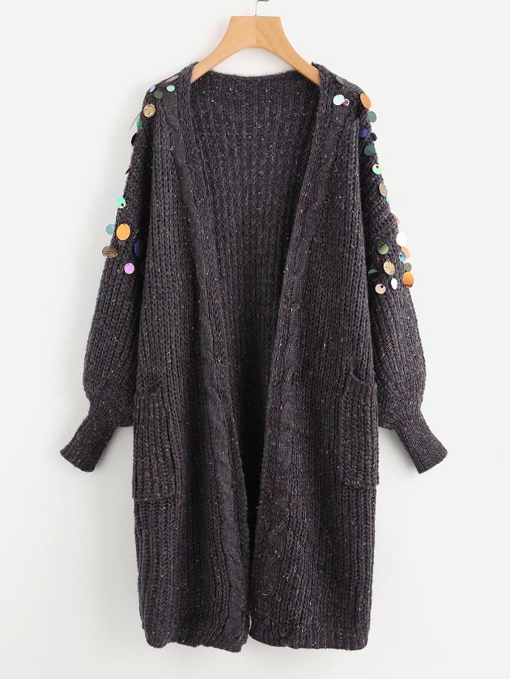 Shein Sequin Detail Lantern Sleeve Sweater Coat
