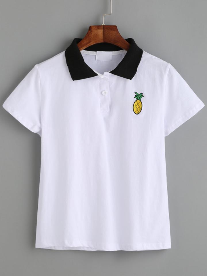 Shein White Contrast Collar Pineapple Embroidery Buttons T-shirt