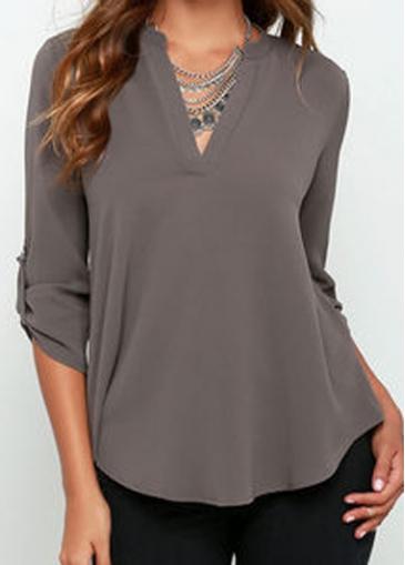 Rosewe Dark Grey Long Sleeve Curved Chiffon Shirt