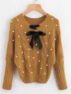 Shein Ribbon Lace Up Pearl Beading Cable Knit Sweater
