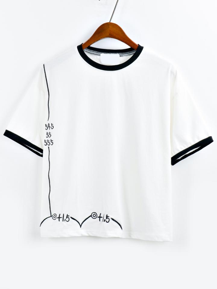 Shein Contrast Trim Embroidered T-shirt - White