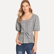 Shein Waist Knot Bishop Sleeve Plaid Top