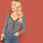 Shein Button Front V-neck Striped Tee