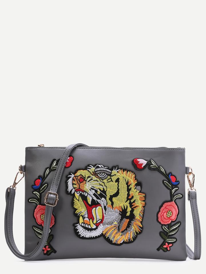 Shein Grey Tiger Embroidered Patch Faux Leather Shoulder Bag