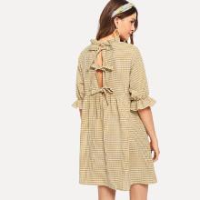 Shein Bow Tie Back Ruffle Trim Plaid Dress