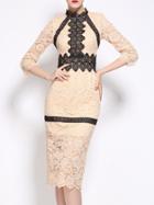 Shein Beige Contrast Crochet Lace Sheath Dress
