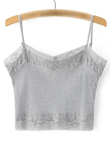 Shein Grey Lace Trim Rib Spaghetti Strap Camis Top