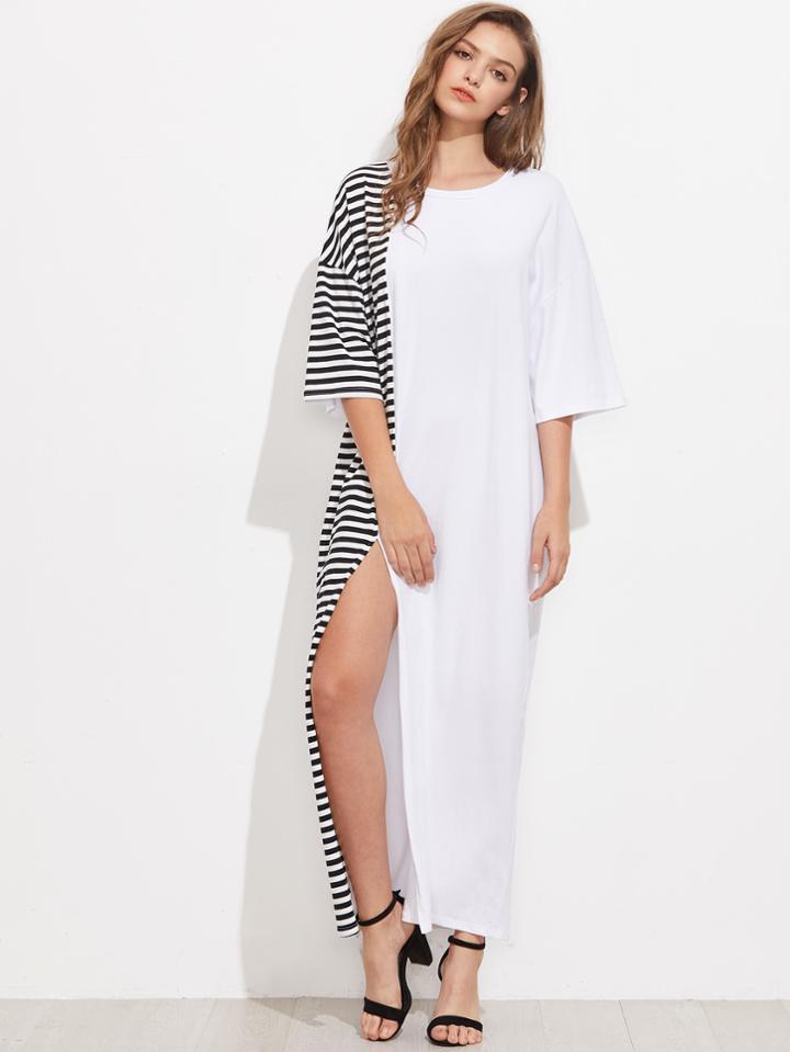 Shein Contrast Striped Panel Drop Shoulder Split Dress