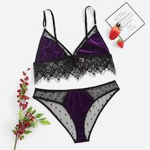 Shein Plus Eyelash Lace Trim Asymmetrical Lingerie Set