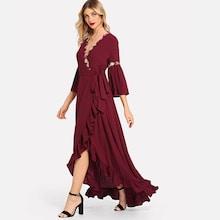 Shein Flower Applique Asymmetrical Ruffle Hem Surplice Wrap Dress