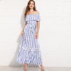 Shein Off Shoulder Fringe Trim Striped Dress