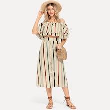 Shein Ruffle Off Shoulder Striped Top & Button Up Skirts Co-ord